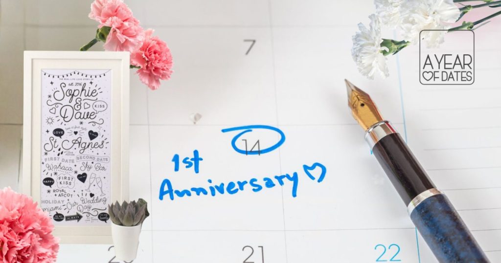 1st wedding anniversary paper print with couples names on calendar, pink carnations and fountain pen, A Year of Dates